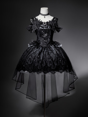 ゴシックロリータドレス ブラックスワントレイン ストラップレス ジャンパードレス チョーカーとヘッドピースアクセサリー付き