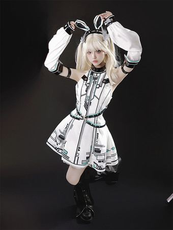 ゴシックロリータドレス フューチャーバトルプリンセス パンクテックスタイル JSK ヘッドピースとアームスリーブ付き