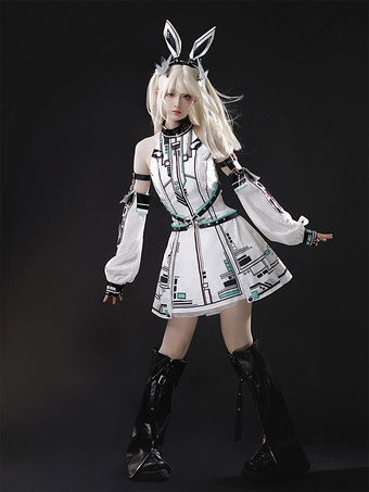 ホワイト ゴシックロリータドレス フューチャーバトルプリンセス パンクテックスタイル JSK ヘッドピースとアームスリーブ付き