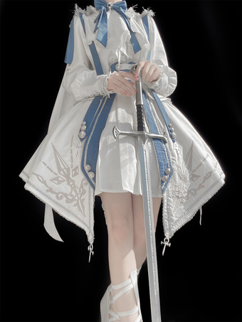 ミリタリーロリータ制服セット 長袖シャツとコルセットスカート ツーピースセット ホワイトブルー プリンスナイトスタイル ロリータコスチューム