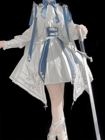 ミリタリーロリータ制服セット 長袖シャツとコルセットスカート ツーピースセット ホワイトブルー プリンスナイトスタイル ロリータコスチューム