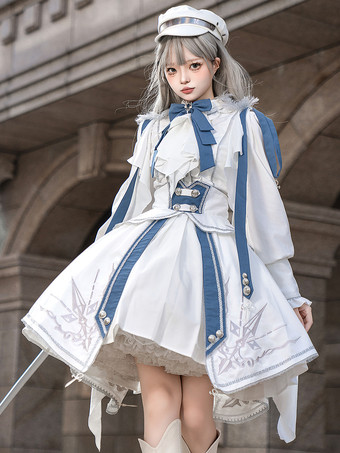 ホワイト ミリタリーロリータ制服セット 長袖シャツとコルセットスカート ツーピースセット ホワイトブルー プリンスナイトスタイル ロリータコスチューム