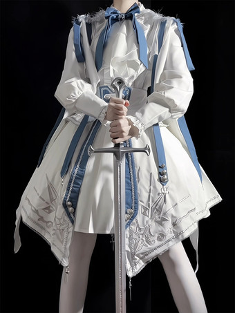 ミリタリーロリータ制服セット 長袖シャツとコルセットスカート ツーピースセット ホワイトブルー プリンスナイトスタイル ロリータコスチューム