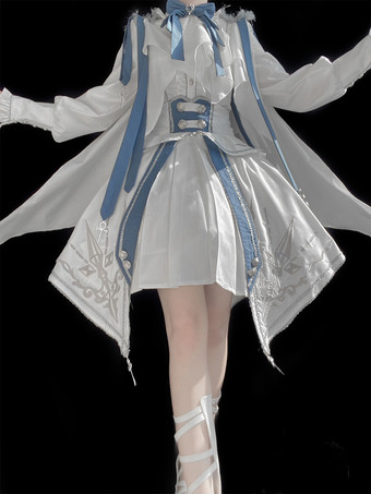 ミリタリーロリータ制服セット 長袖シャツとコルセットスカート ツーピースセット ホワイトブルー プリンスナイトスタイル ロリータコスチューム