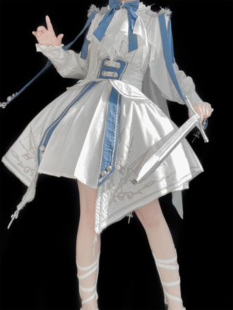 ミリタリーロリータ制服セット 長袖シャツとコルセットスカート ツーピースセット ホワイトブルー プリンスナイトスタイル ロリータコスチューム