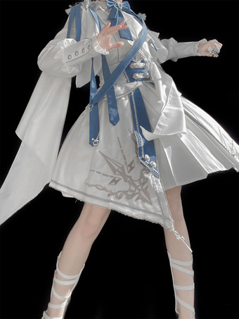 ミリタリーロリータ制服セット 長袖シャツとコルセットスカート ツーピースセット ホワイトブルー プリンスナイトスタイル ロリータコスチューム