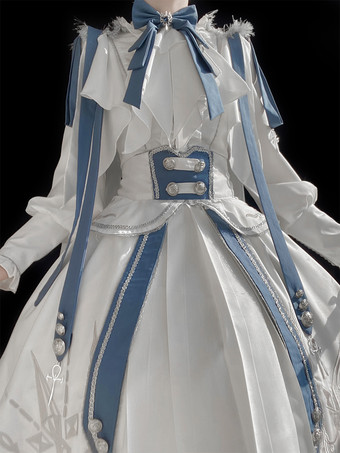 ミリタリーロリータ制服セット 長袖シャツとコルセットスカート ツーピースセット ホワイトブルー プリンスナイトスタイル ロリータコスチューム