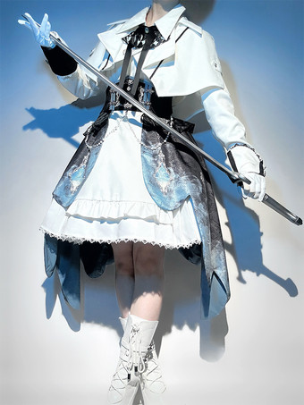 ホワイト 王子様ロリータセット ノースリーブワンピースと長袖ケープと取り外し可能なトレーンスカート 3点セット エレガントな騎士王子ロリータコスチューム