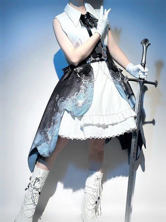 王子様ロリータセット ノースリーブワンピースと長袖ケープと取り外し可能なトレーンスカート 3点セット エレガントな騎士王子ロリータコスチューム