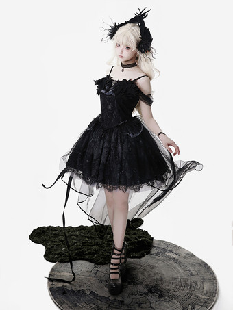 ゴシックロリータドレス ブラックスワントレイン ストラップレス ジャンパードレス チョーカーとヘッドピースアクセサリー付き