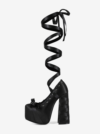 Black High Heel Pumps Satin Round Toe Chunky Heel Lace Up Lolita Shoes