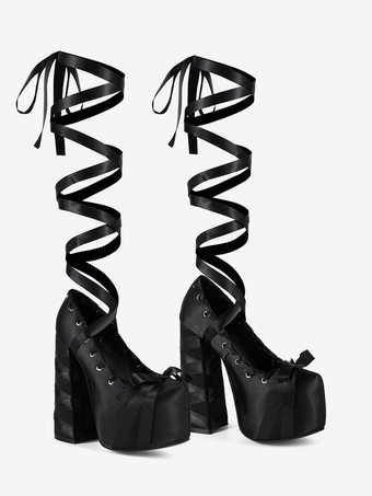 Black High Heel Pumps Satin Round Toe Chunky Heel Lace Up Lolita Shoes