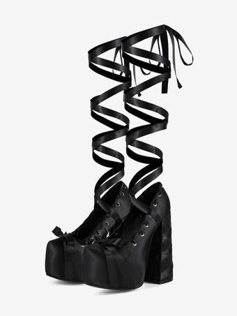 Black High Heel Pumps Satin Round Toe Chunky Heel Lace Up Lolita Shoes