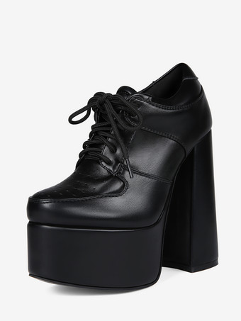 Black Black High Heels Platform Round Toe Lace Up Chunky Heel Pumps For Women