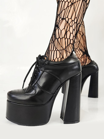 Black High Heels Platform Round Toe Lace Up Chunky Heel Pumps For Women