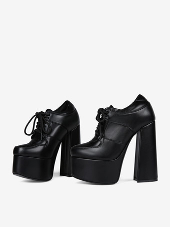 Black High Heels Platform Round Toe Lace Up Chunky Heel Pumps For Women