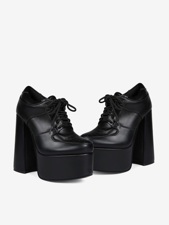 Black High Heels Platform Round Toe Lace Up Chunky Heel Pumps For Women