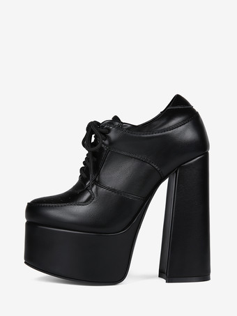 Black High Heels Platform Round Toe Lace Up Chunky Heel Pumps For Women