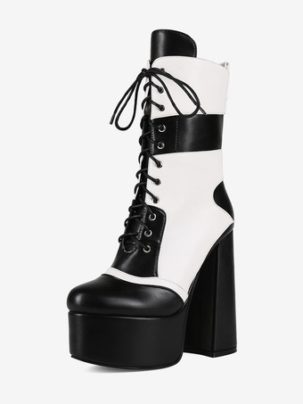 SchwarzHigh Heel Stiefeletten Plateau Round Toe Lace Uo Chunky Heel Booties