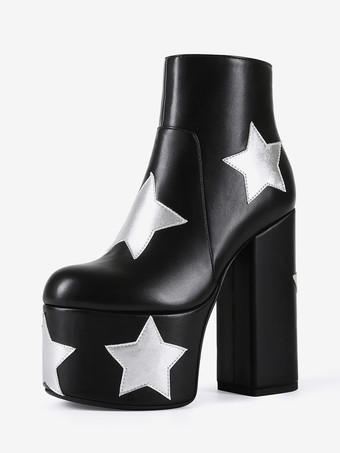 plateado Botines negros con plataforma y tacón grueso con estampado de estrellas para mujer