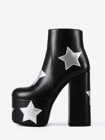 Botines negros con plataforma y tacón grueso con estampado de estrellas para mujer