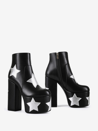 Botines negros con plataforma y tacón grueso con estampado de estrellas para mujer