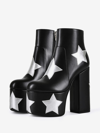 Botines negros con plataforma y tacón grueso con estampado de estrellas para mujer