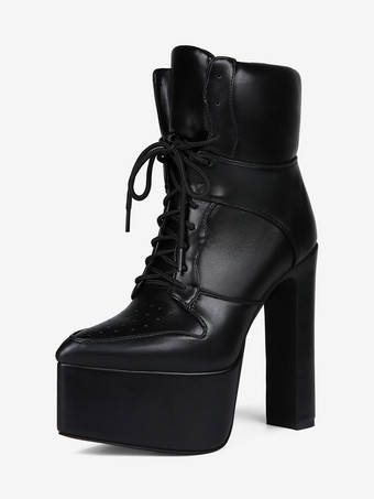 SchwarzSchwarze Stiefeletten für Damen mit Plateau-Schnürung und klobigem Absatz