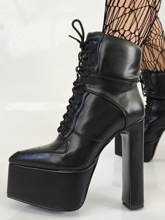 Schwarze Stiefeletten für Damen mit Plateau-Schnürung und klobigem Absatz