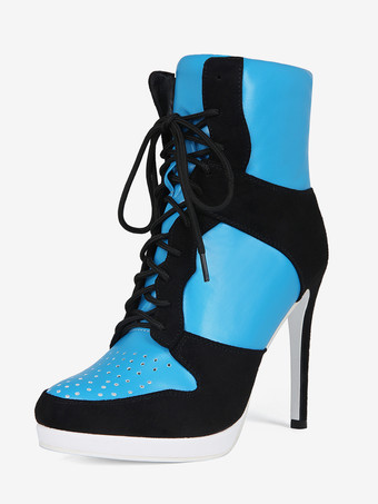 azul Botines de mujer con puntera redonda cordones y tacón alto