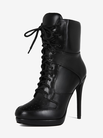negro Botines de mujer con puntera redonda cordones y tacón alto