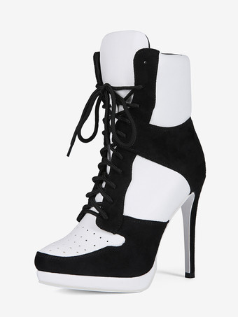 blanco Botines de mujer con puntera redonda cordones y tacón alto