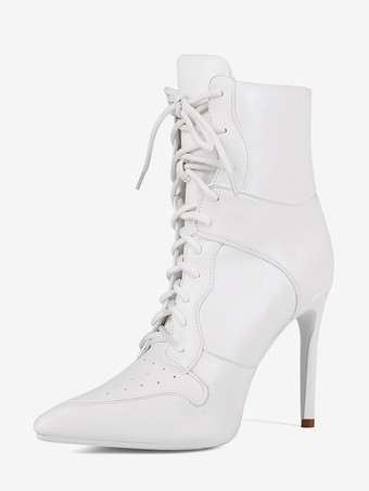 Bianco Stivaletti bianchi alla caviglia da donna con punta a punta tacco alto e lacci