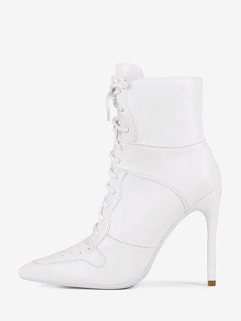 Stivaletti bianchi alla caviglia da donna con punta a punta tacco alto e lacci