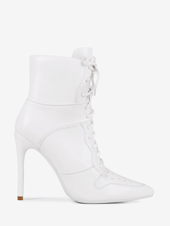 Stivaletti bianchi alla caviglia da donna con punta a punta tacco alto e lacci