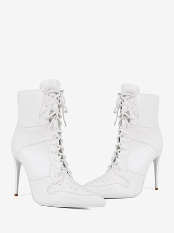 Stivaletti bianchi alla caviglia da donna con punta a punta tacco alto e lacci