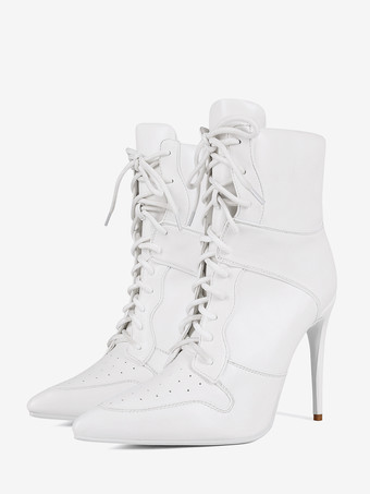 Stivaletti bianchi alla caviglia da donna con punta a punta tacco alto e lacci