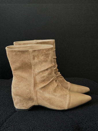 Botas planas de ante para mujer puntera puntiaguda tacón de cuña fruncido botines