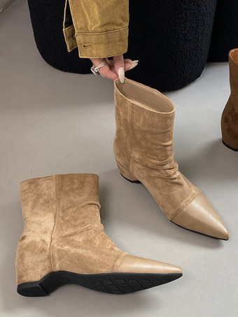 color camel Botas planas de ante para mujer puntera puntiaguda tacón de cuña fruncido botines
