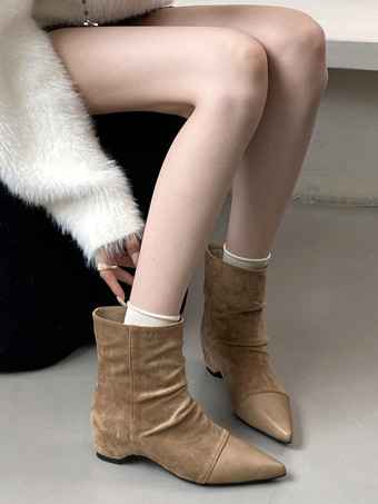 Botas planas de ante para mujer puntera puntiaguda tacón de cuña fruncido botines