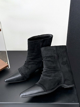 negro Botas planas de ante para mujer puntera puntiaguda tacón de cuña fruncido botines