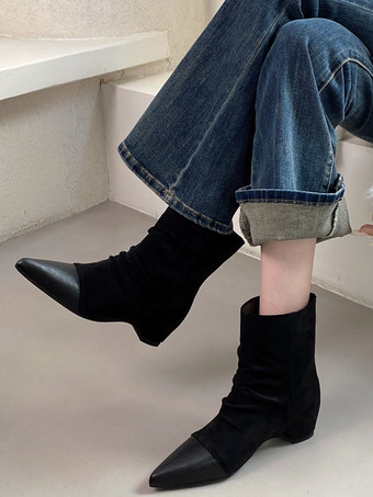 Botas planas de ante para mujer puntera puntiaguda tacón de cuña fruncido botines