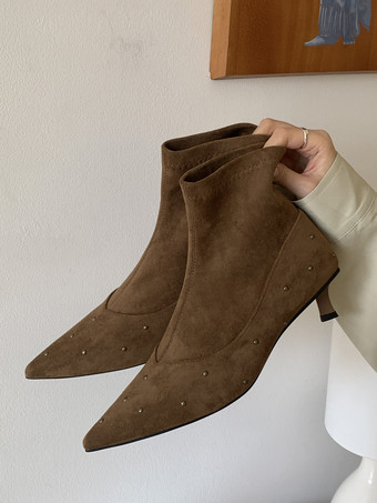 Botines de mujer con punta puntiaguda y cuentas y tacón bajo