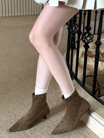 Botines de mujer con punta puntiaguda y cuentas y tacón bajo