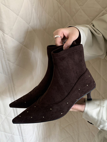 marrón oscuroBotines de mujer con punta puntiaguda y cuentas y tacón bajo