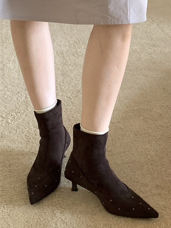 Botines de mujer con punta puntiaguda y cuentas y tacón bajo