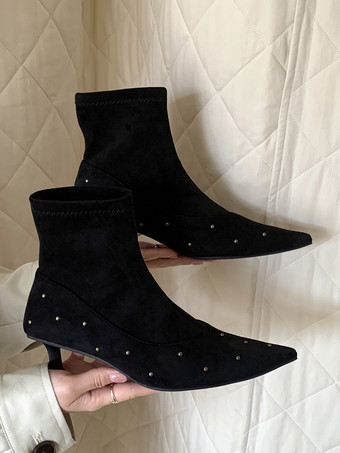 negro Botines de mujer con punta puntiaguda y cuentas y tacón bajo