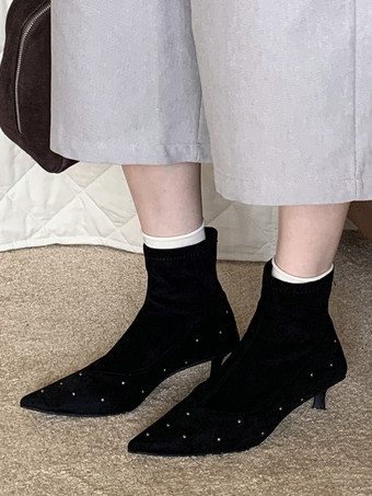 Botines de mujer con punta puntiaguda y cuentas y tacón bajo