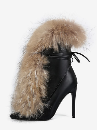 ブラック アンクルブーツ レディース ポインテッドトゥ ファー レースアップ ハイヒール ブーティ