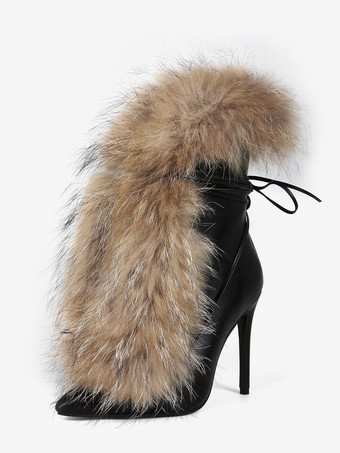 Botines negros de mujer con punta puntiaguda piel sintética cordones y tacón alto.